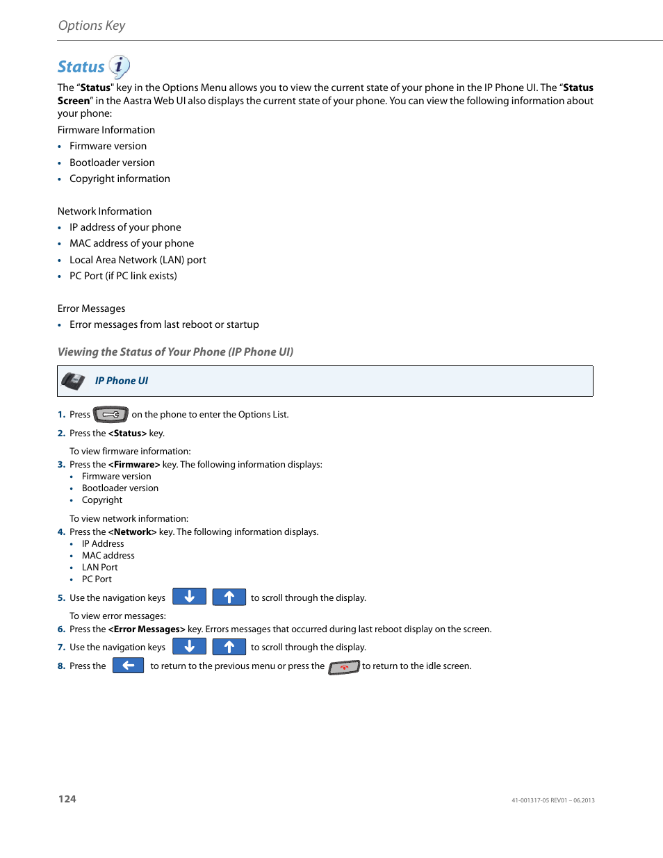 Status, Viewing the status of your phone (ip phone ui), Options key | AASTRA 6739i User Guide EN User Manual | Page 130 / 214