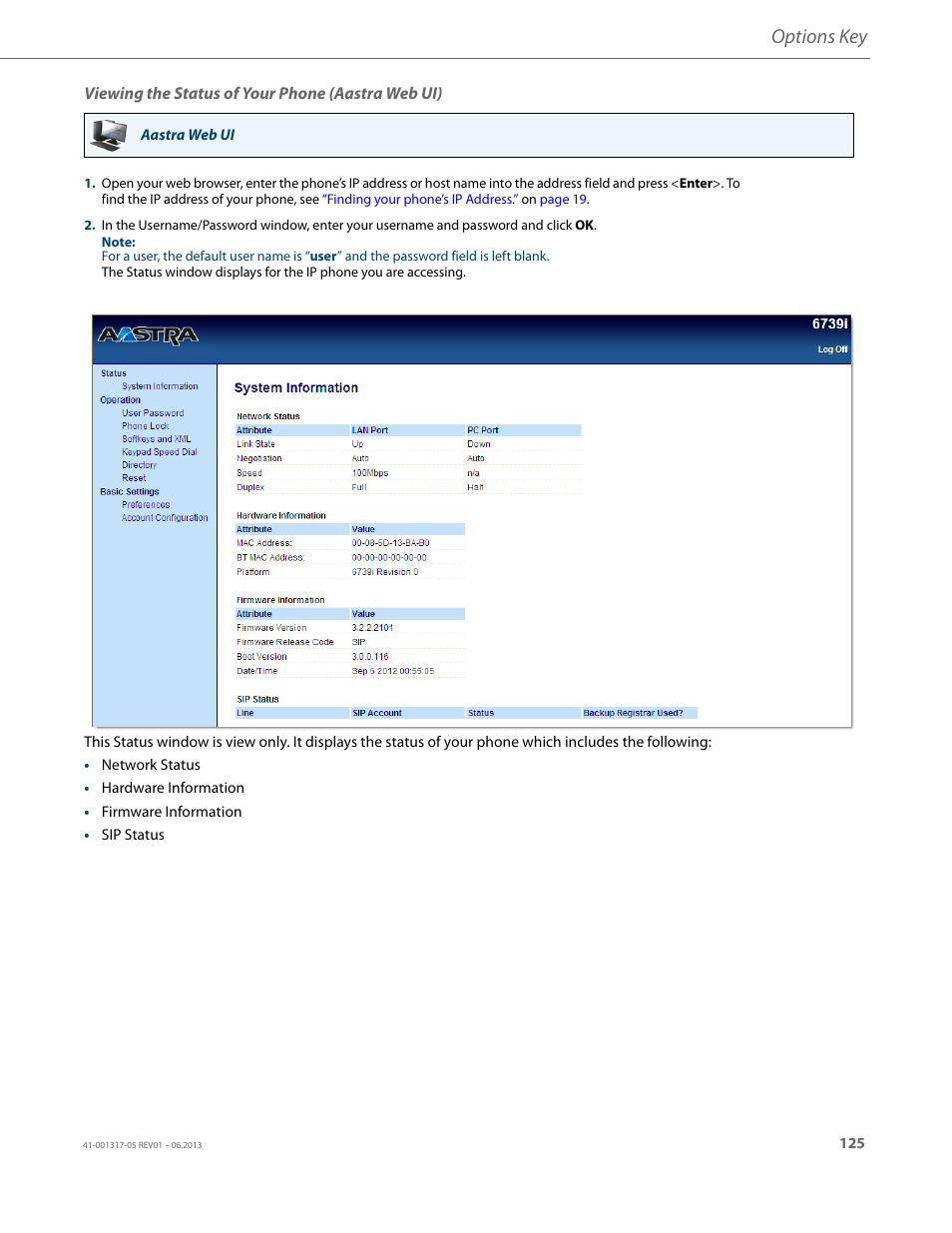 Viewing the status of your phone (aastra web ui), Options key | AASTRA 6739i User Guide EN User Manual | Page 131 / 214