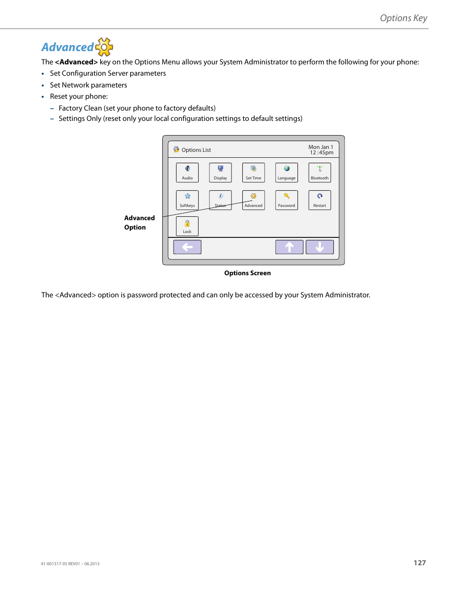 Advanced, Options key | AASTRA 6739i User Guide EN User Manual | Page 133 / 214