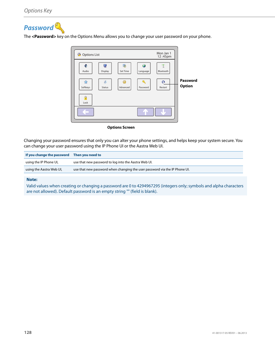 Password, Pass, Word | Options key | AASTRA 6739i User Guide EN User Manual | Page 134 / 214