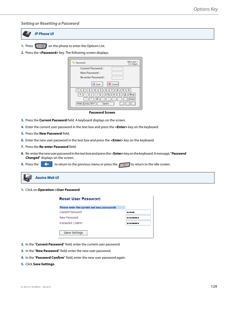Setting or resetting a password, Options key | AASTRA 6739i User Guide EN User Manual | Page 135 / 214