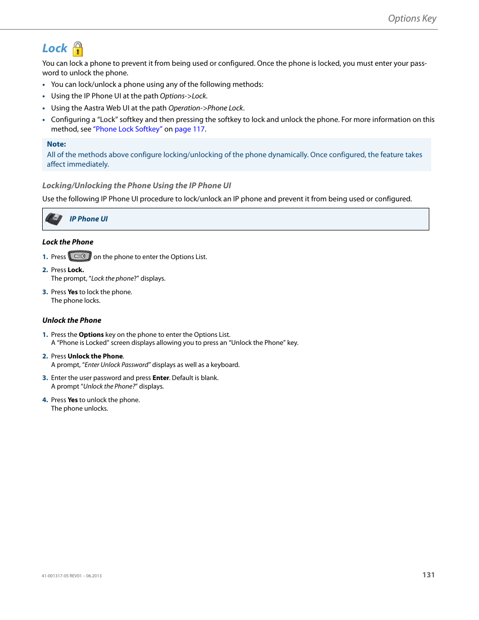 Lock, Locking/unlocking the phone using the ip phone ui, Options key | AASTRA 6739i User Guide EN User Manual | Page 137 / 214