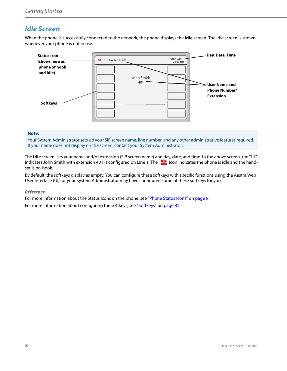 Idle screen, Getting started | AASTRA 6739i User Guide EN User Manual | Page 14 / 214