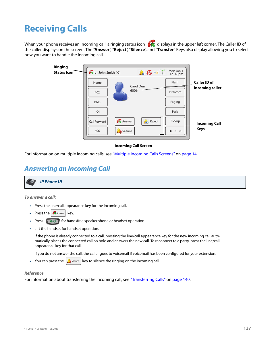 Receiving calls, Answering an incoming call | AASTRA 6739i User Guide EN User Manual | Page 143 / 214