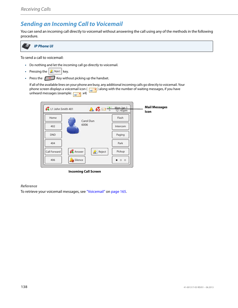 Sending an incoming call to voicemail, Receiving calls | AASTRA 6739i User Guide EN User Manual | Page 144 / 214
