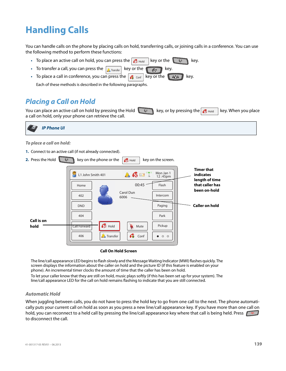 Handling calls, Placing a call on hold, Automatic hold | AASTRA 6739i User Guide EN User Manual | Page 145 / 214