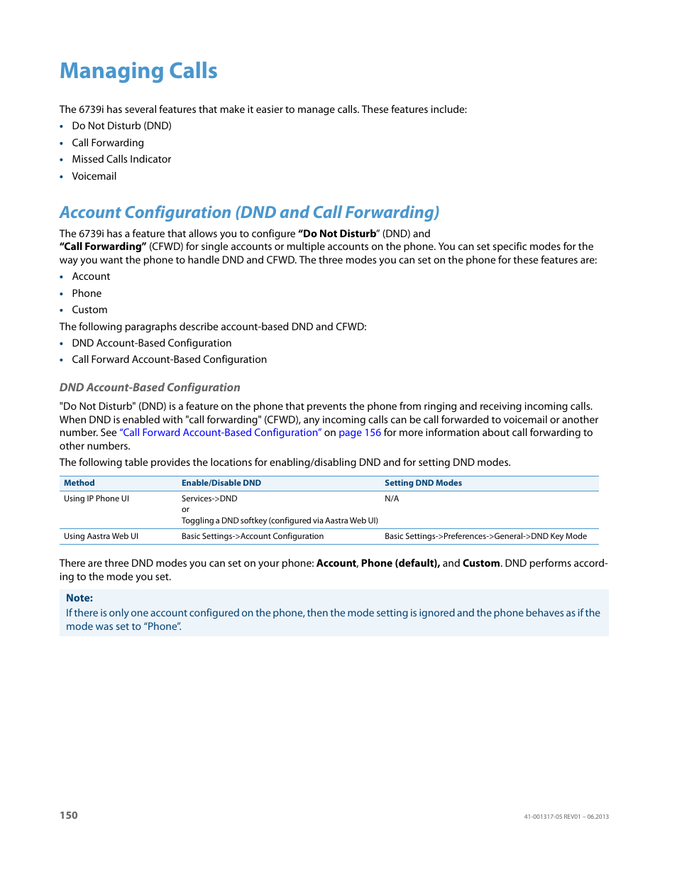Managing calls, Account configuration (dnd and call forwarding), Dnd account-based configuration | Account configuration, Dnd and call forwarding), Dnd account-based, Configuration | AASTRA 6739i User Guide EN User Manual | Page 156 / 214