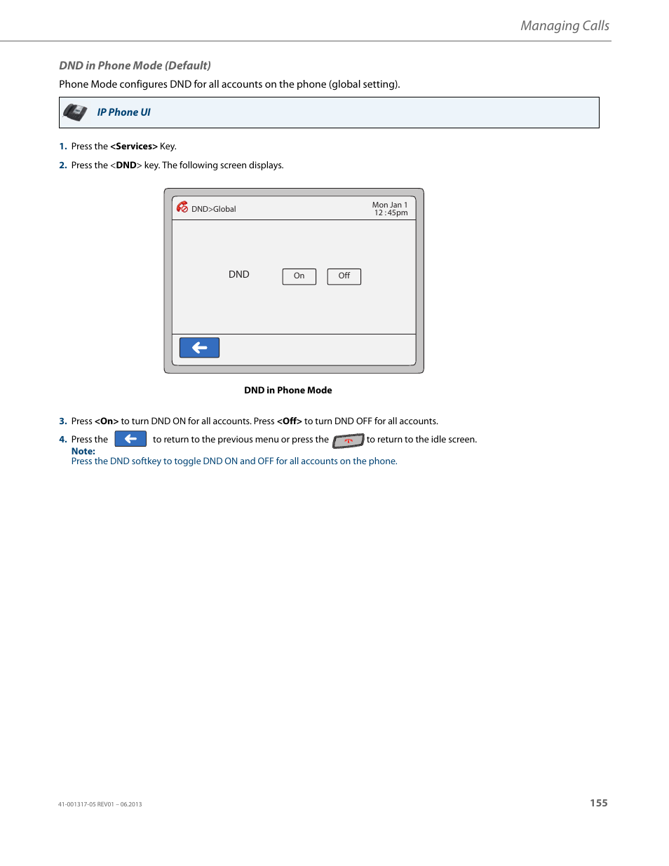 Dnd in phone mode (default), Managing calls | AASTRA 6739i User Guide EN User Manual | Page 161 / 214