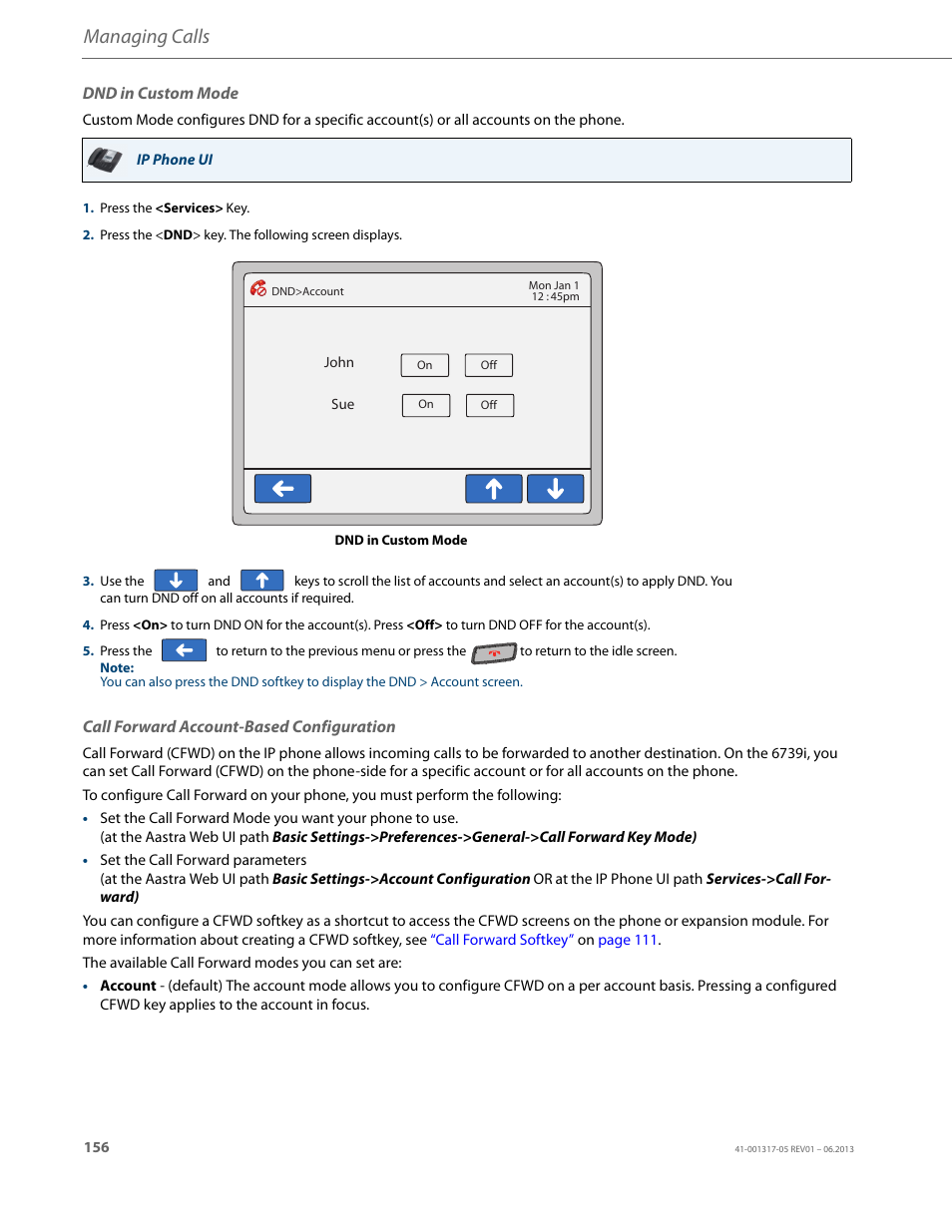 Dnd in custom mode, Call forward account-based configuration, Call forward account-based configura | Tion, Managing calls | AASTRA 6739i User Guide EN User Manual | Page 162 / 214