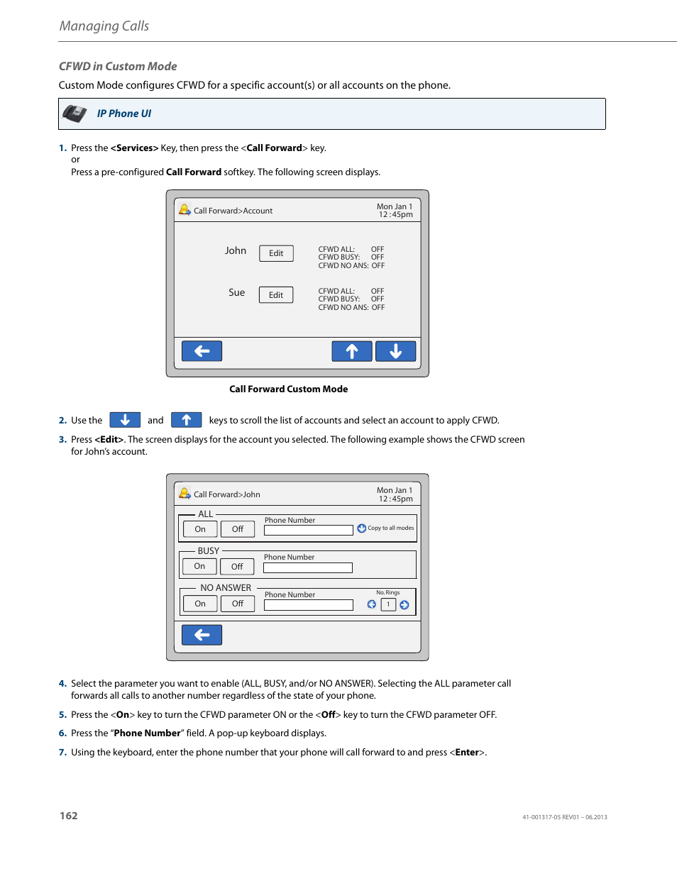 Cfwd in custom mode, Managing calls | AASTRA 6739i User Guide EN User Manual | Page 168 / 214