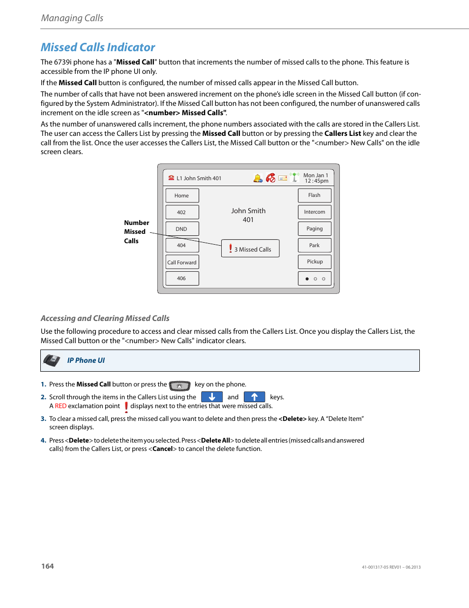 Missed calls indicator, Accessing and clearing missed calls, Managing calls | AASTRA 6739i User Guide EN User Manual | Page 170 / 214