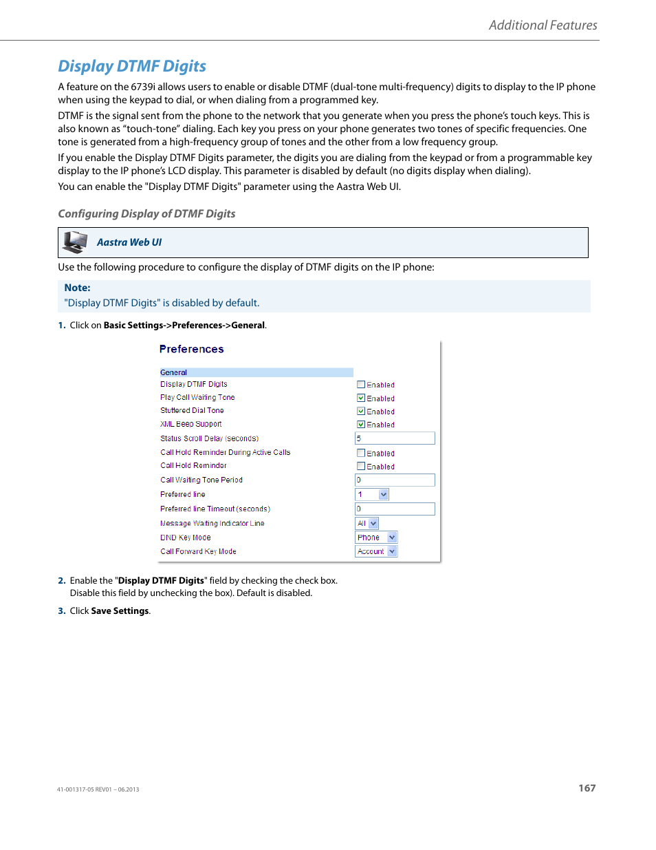 Display dtmf digits, Configuring display of dtmf digits, Additional features | AASTRA 6739i User Guide EN User Manual | Page 173 / 214