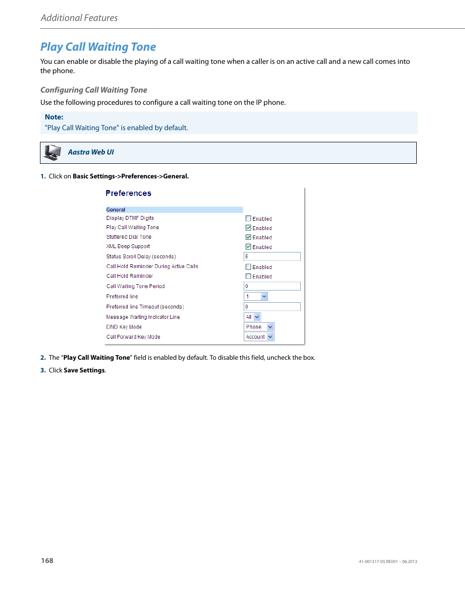 Play call waiting tone, Configuring call waiting tone, Additional features | AASTRA 6739i User Guide EN User Manual | Page 174 / 214