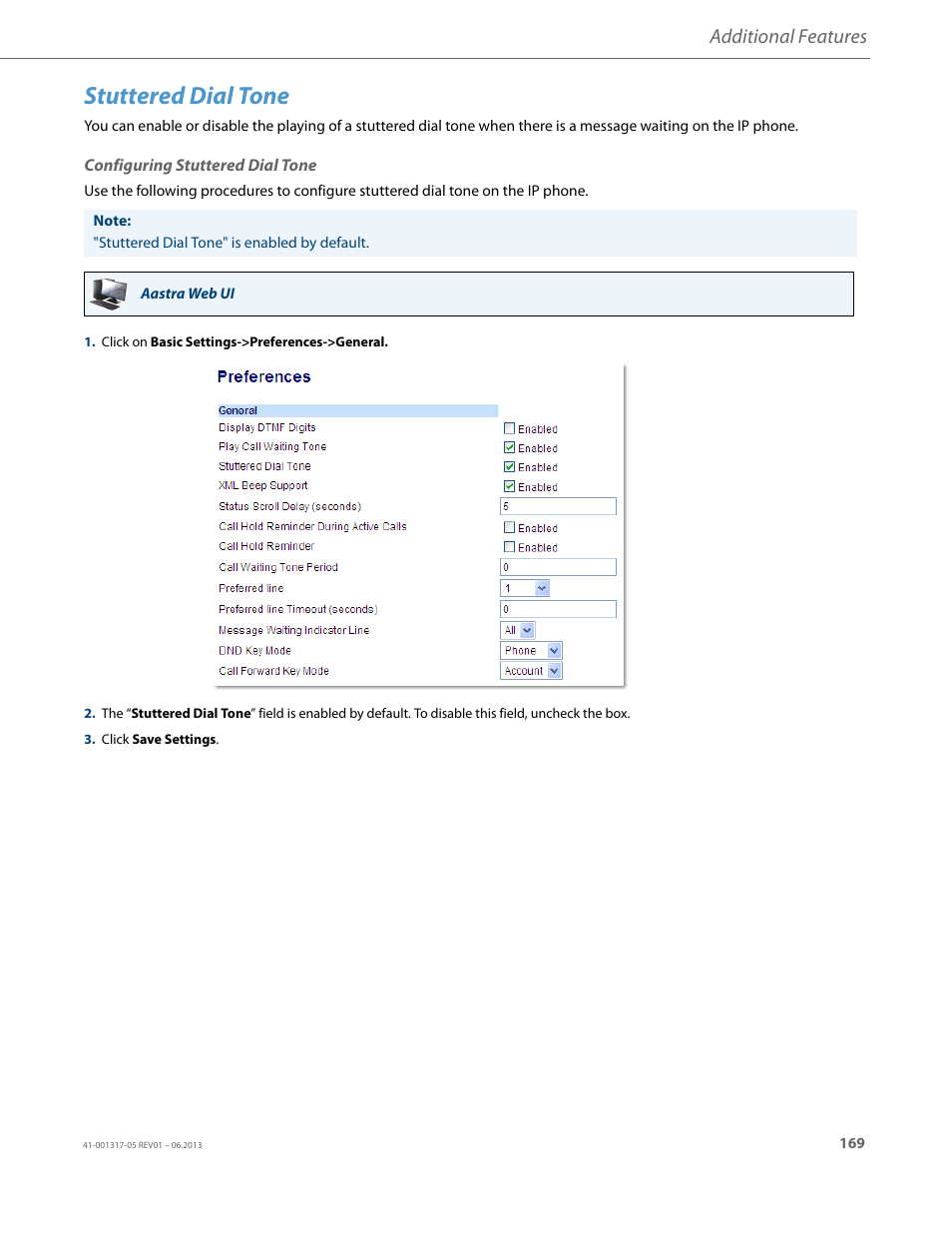 Stuttered dial tone, Configuring stuttered dial tone, Additional features | AASTRA 6739i User Guide EN User Manual | Page 175 / 214