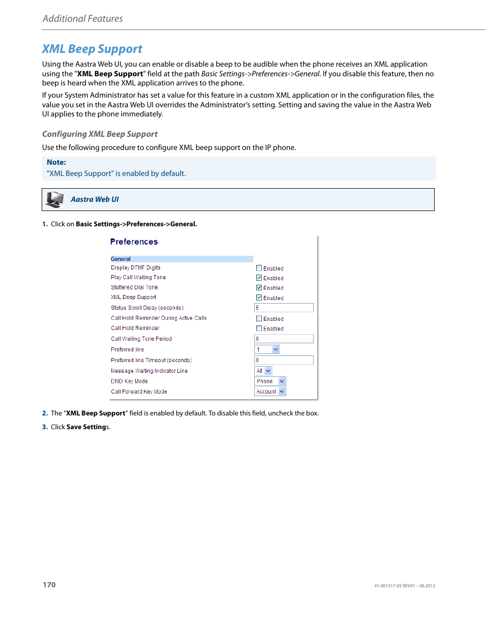 Xml beep support, Configuring xml beep support, Additional features | AASTRA 6739i User Guide EN User Manual | Page 176 / 214