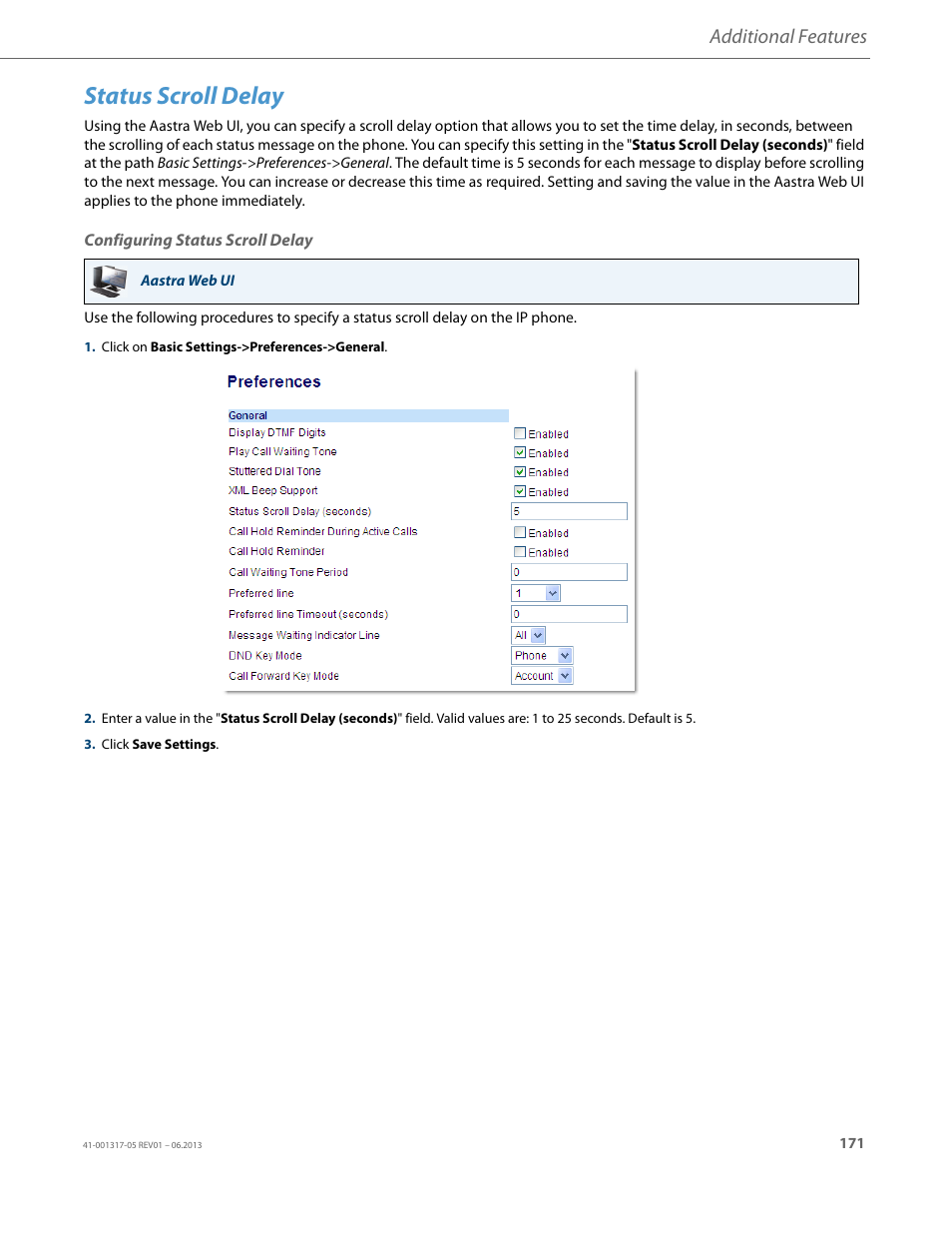 Status scroll delay, Configuring status scroll delay, Additional features | AASTRA 6739i User Guide EN User Manual | Page 177 / 214