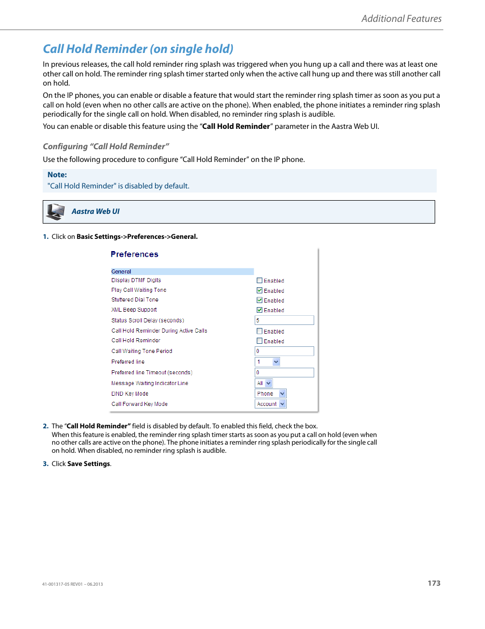 Call hold reminder (on single hold), Configuring “call hold reminder, Additional features | AASTRA 6739i User Guide EN User Manual | Page 179 / 214