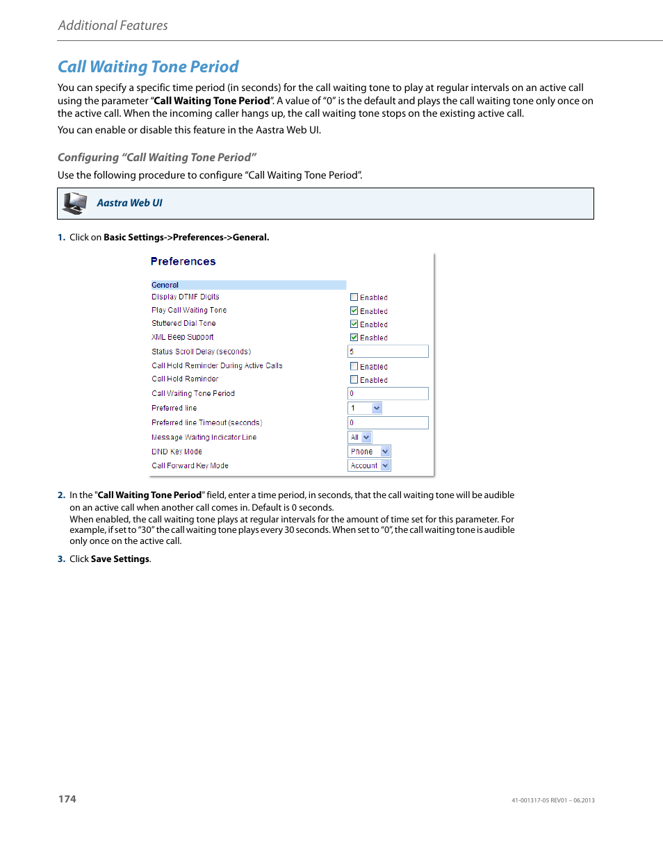 Call waiting tone period, Configuring “call waiting tone period, Additional features | AASTRA 6739i User Guide EN User Manual | Page 180 / 214