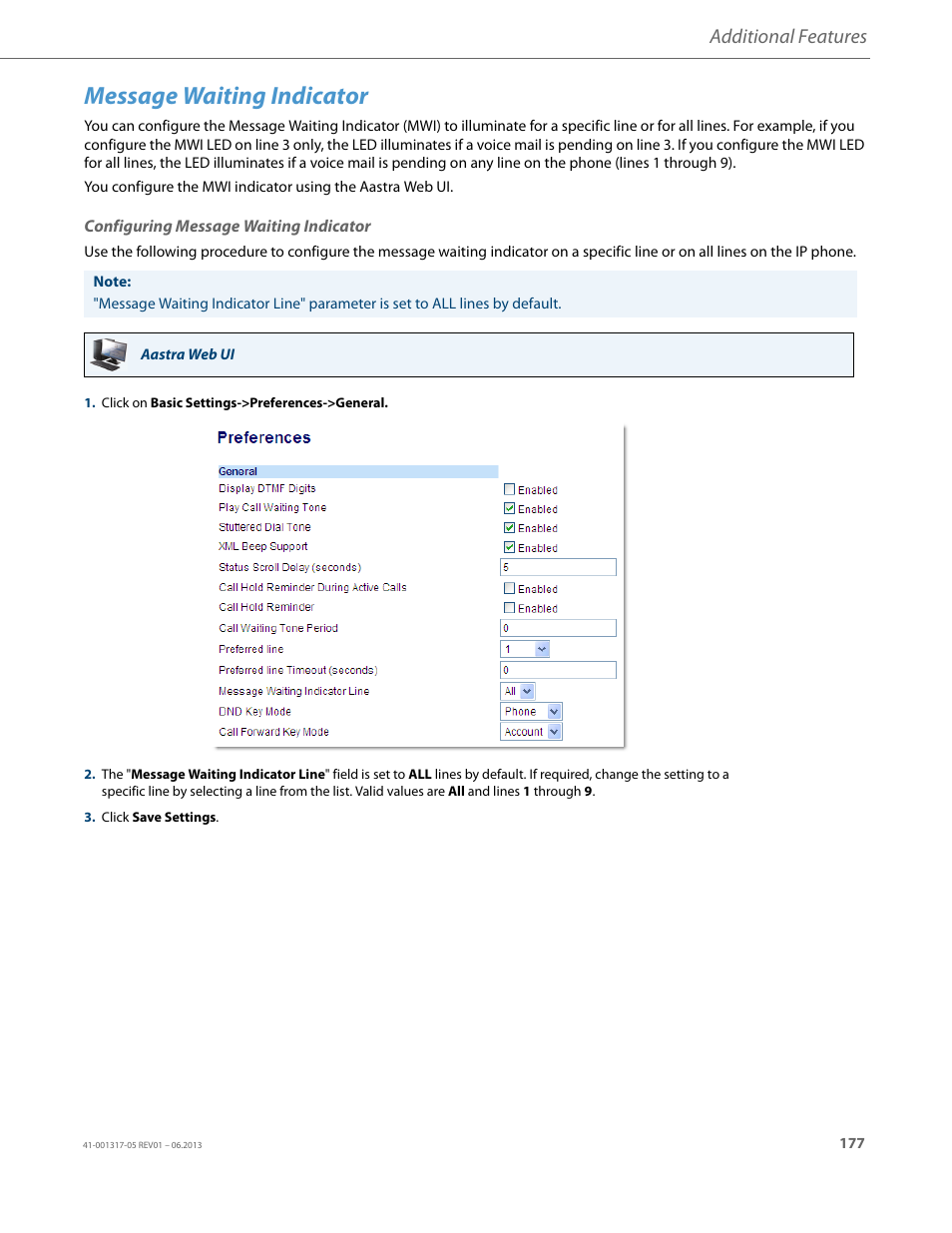 Message waiting indicator, Configuring message waiting indicator, Additional features | AASTRA 6739i User Guide EN User Manual | Page 183 / 214