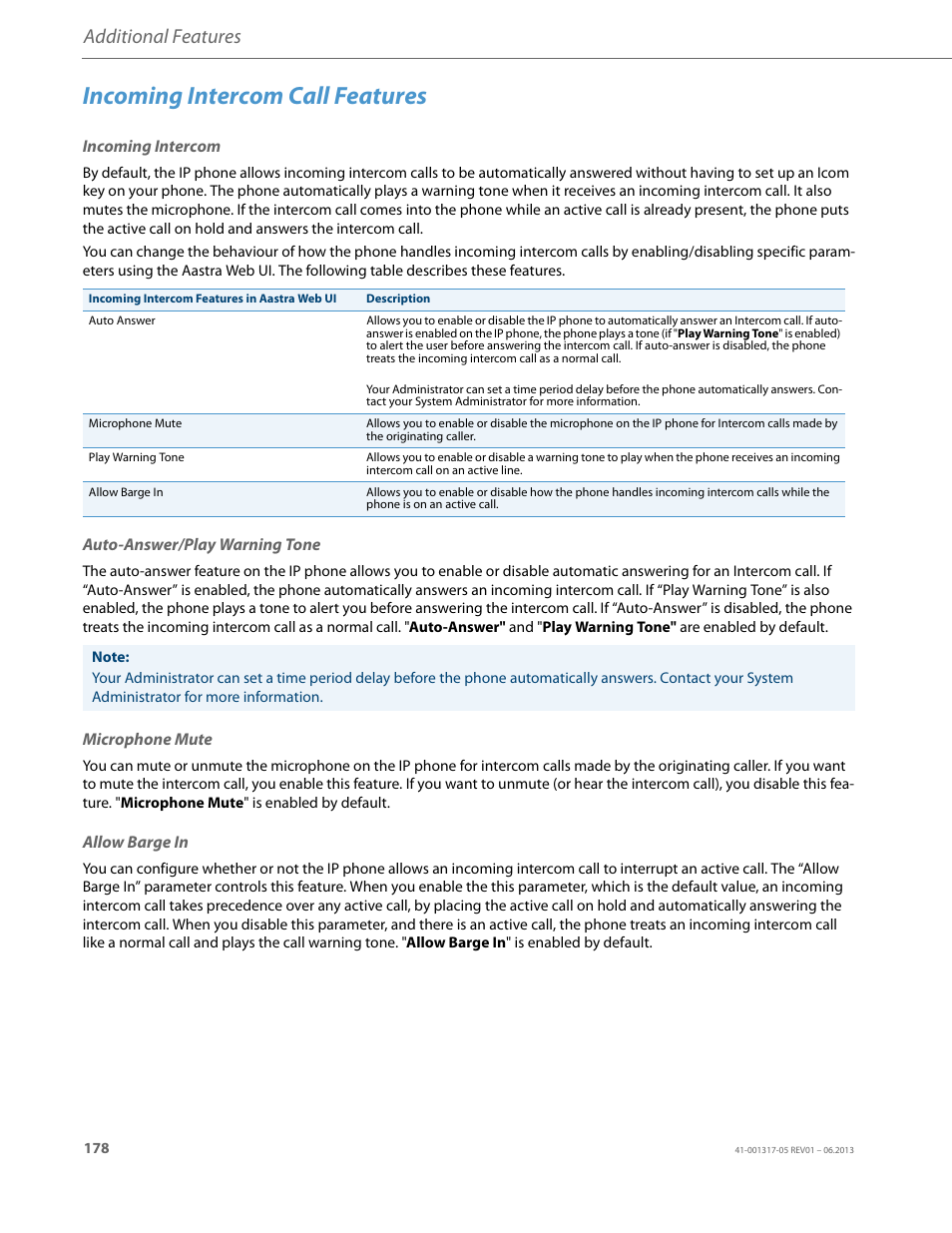 Incoming intercom call features, Incoming intercom, Auto-answer/play warning tone | Microphone mute, Allow barge in, Incoming, Intercom call features, Additional features | AASTRA 6739i User Guide EN User Manual | Page 184 / 214