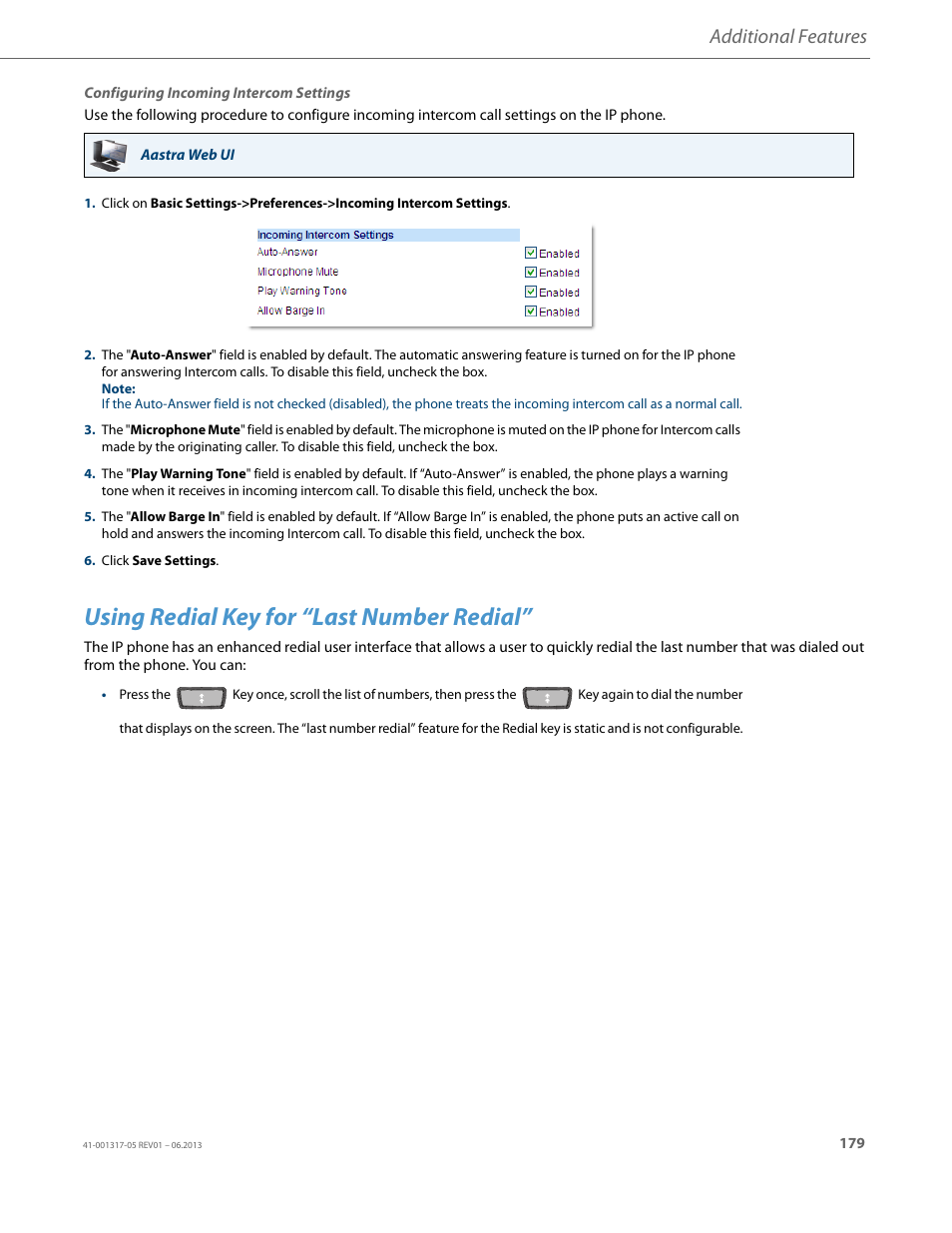 Using redial key for “last number redial, Additional features | AASTRA 6739i User Guide EN User Manual | Page 185 / 214