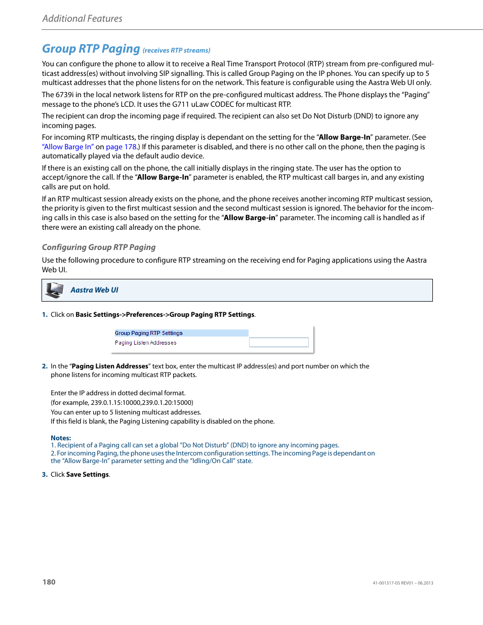 Group rtp paging (receives rtp streams), Configuring group rtp paging, Group rtp paging | Receives rtp streams), Additional features | AASTRA 6739i User Guide EN User Manual | Page 186 / 214