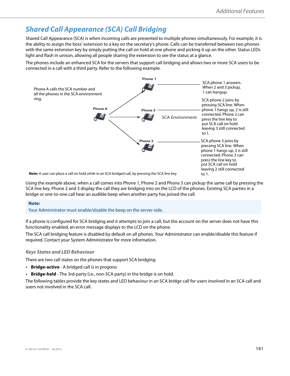 Shared call appearance (sca) call bridging, Keys states and led behaviour, Additional features | AASTRA 6739i User Guide EN User Manual | Page 187 / 214