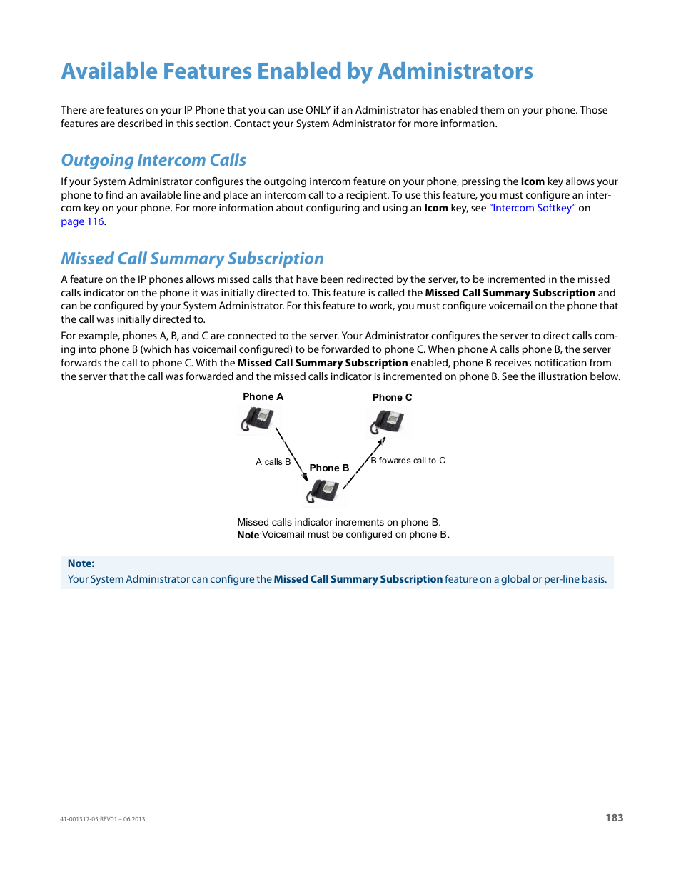 Available features enabled by administrators, Outgoing intercom calls, Missed call summary subscription | AASTRA 6739i User Guide EN User Manual | Page 189 / 214