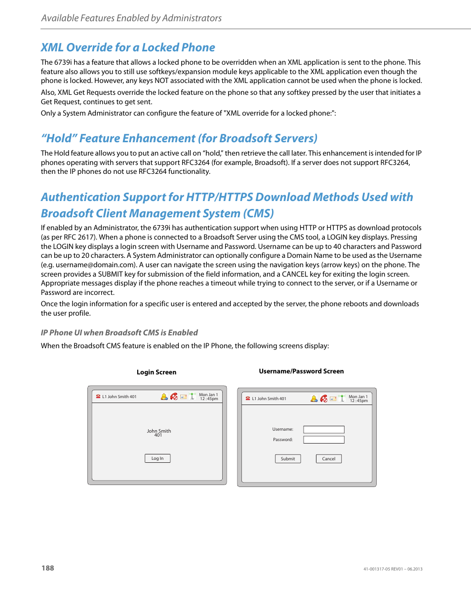 Xml override for a locked phone, Hold” feature enhancement (for broadsoft servers), Ip phone ui when broadsoft cms is enabled | Available features enabled by administrators | AASTRA 6739i User Guide EN User Manual | Page 194 / 214
