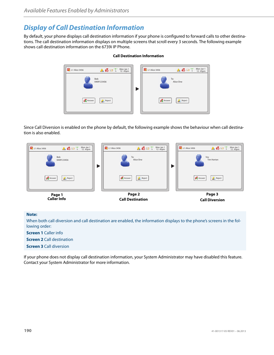 Display of call destination information, Available features enabled by administrators, Call destination information | AASTRA 6739i User Guide EN User Manual | Page 196 / 214