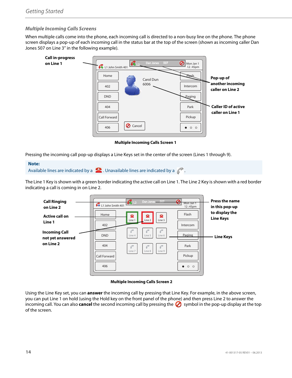 Multiple incoming calls screens, Getting started | AASTRA 6739i User Guide EN User Manual | Page 20 / 214
