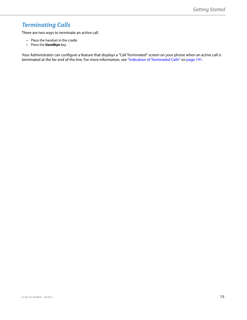 Terminating calls, Getting started | AASTRA 6739i User Guide EN User Manual | Page 21 / 214