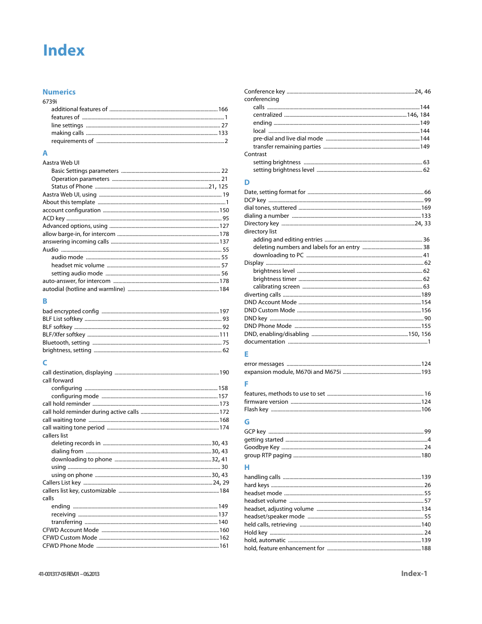 Index | AASTRA 6739i User Guide EN User Manual | Page 211 / 214