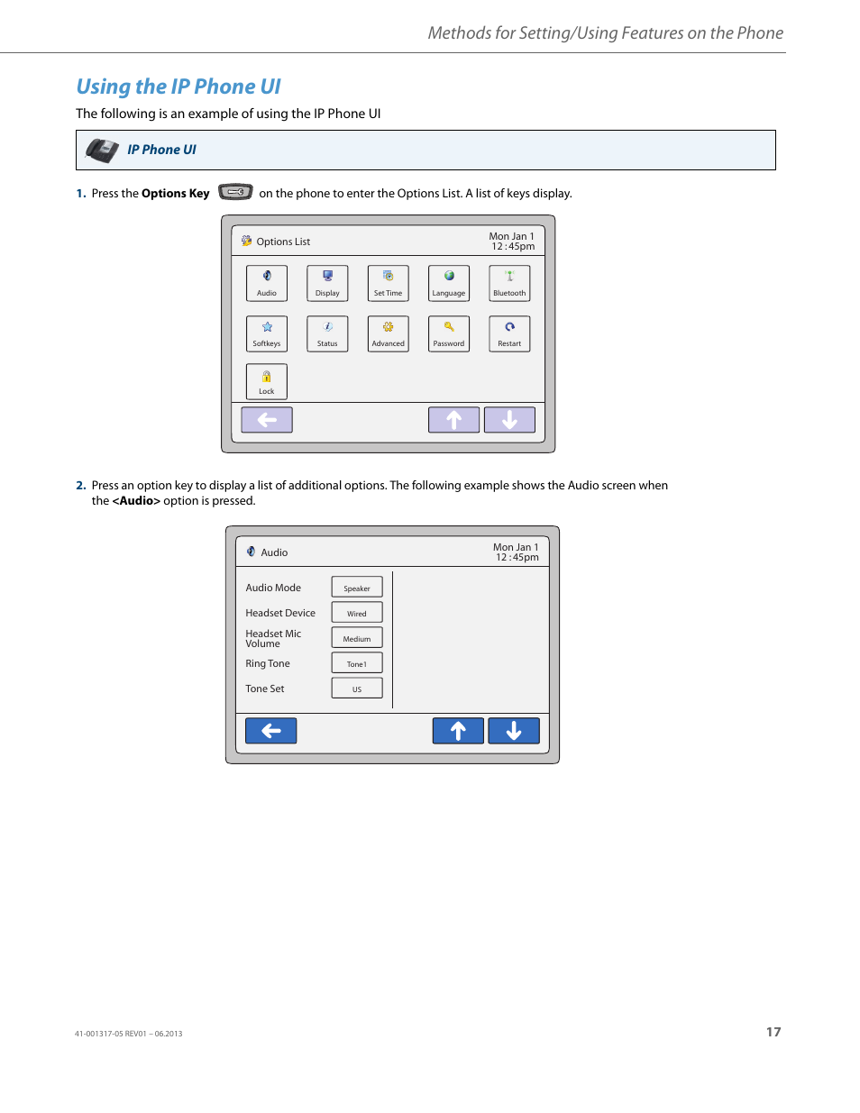 Using the ip phone ui, Methods for setting/using features on the phone | AASTRA 6739i User Guide EN User Manual | Page 23 / 214