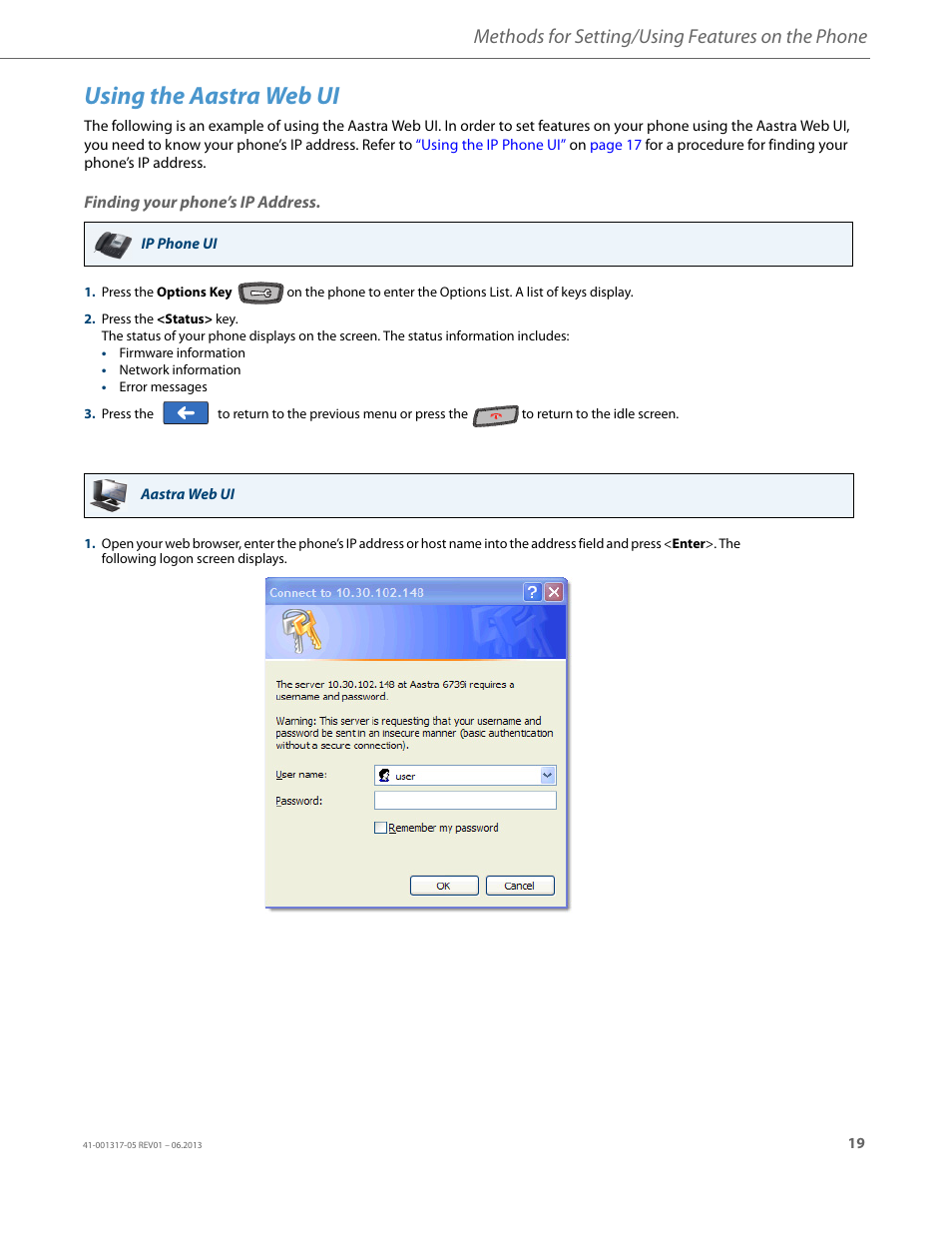 Using the aastra web ui, Finding your phone’s ip address, Methods for setting/using features on the phone | AASTRA 6739i User Guide EN User Manual | Page 25 / 214
