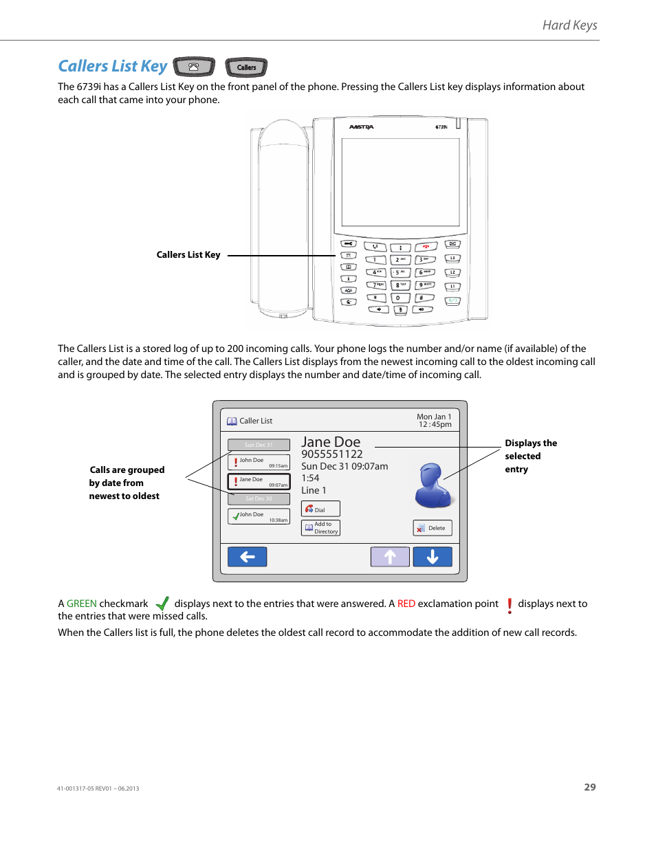 Callers list key, Jane doe, Hard keys | AASTRA 6739i User Guide EN User Manual | Page 35 / 214