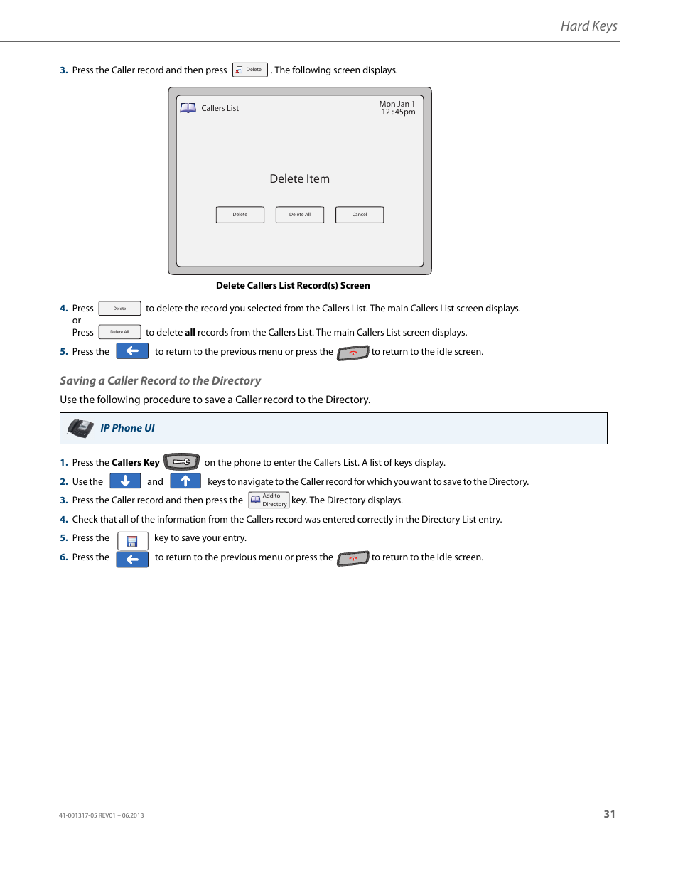 Saving a caller record to the directory, Hard keys, Delete item | AASTRA 6739i User Guide EN User Manual | Page 37 / 214