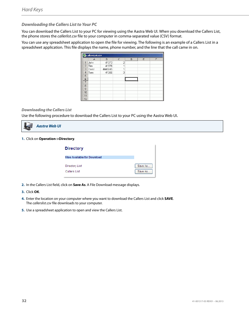 Downloading the callers list to your pc, Hard keys | AASTRA 6739i User Guide EN User Manual | Page 38 / 214