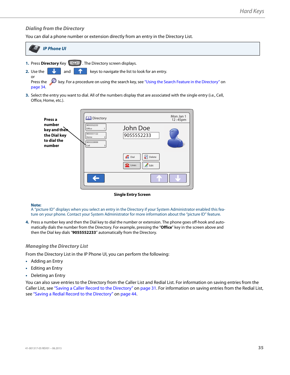 Dialing from the directory, Managing the directory list, John doe | Hard keys | AASTRA 6739i User Guide EN User Manual | Page 41 / 214