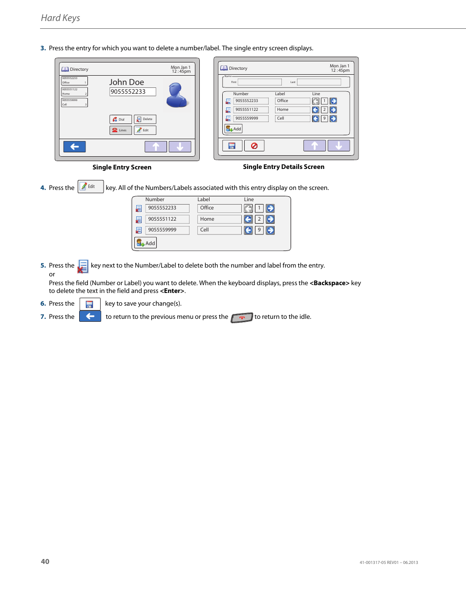 Hard keys, John doe, Single entry screen single entry details screen | AASTRA 6739i User Guide EN User Manual | Page 46 / 214