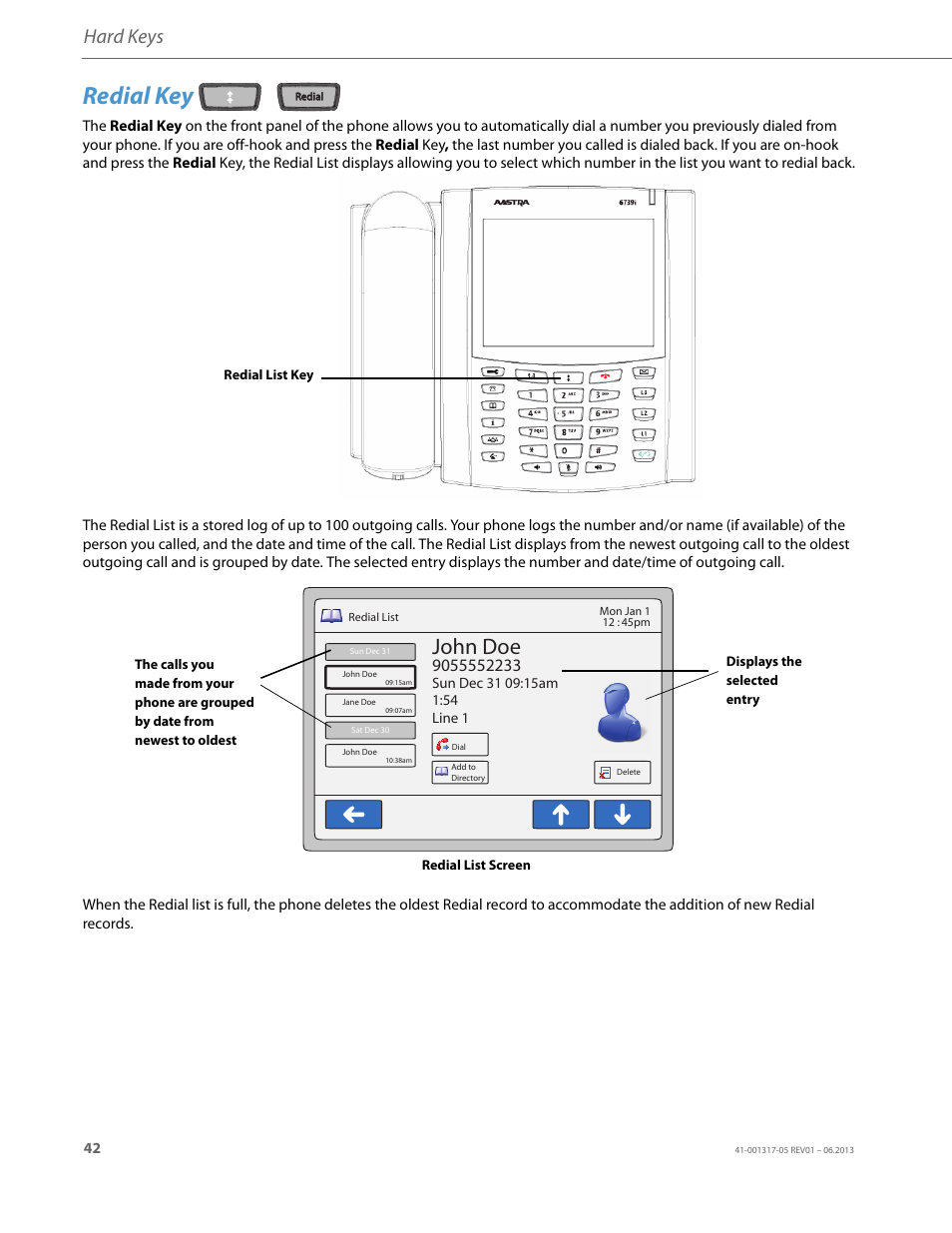 Redial key, John doe, Hard keys | AASTRA 6739i User Guide EN User Manual | Page 48 / 214