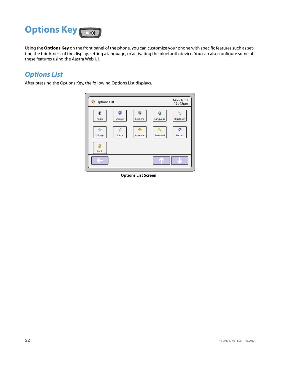 Options key, Options list | AASTRA 6739i User Guide EN User Manual | Page 58 / 214
