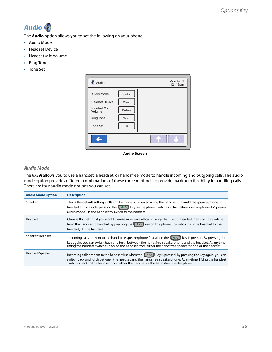 Audio, Audio mode, Options key | AASTRA 6739i User Guide EN User Manual | Page 61 / 214