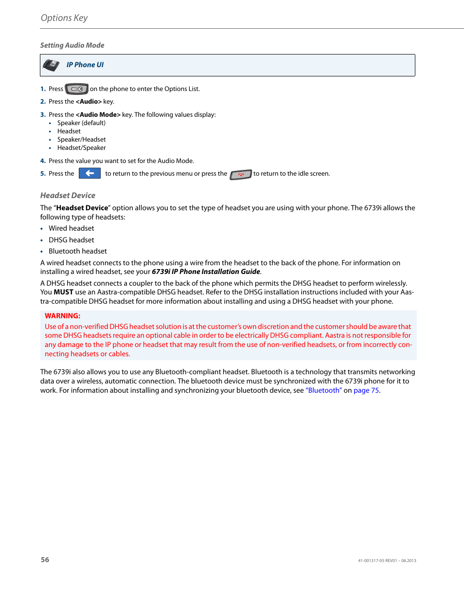 Headset device, Options key | AASTRA 6739i User Guide EN User Manual | Page 62 / 214
