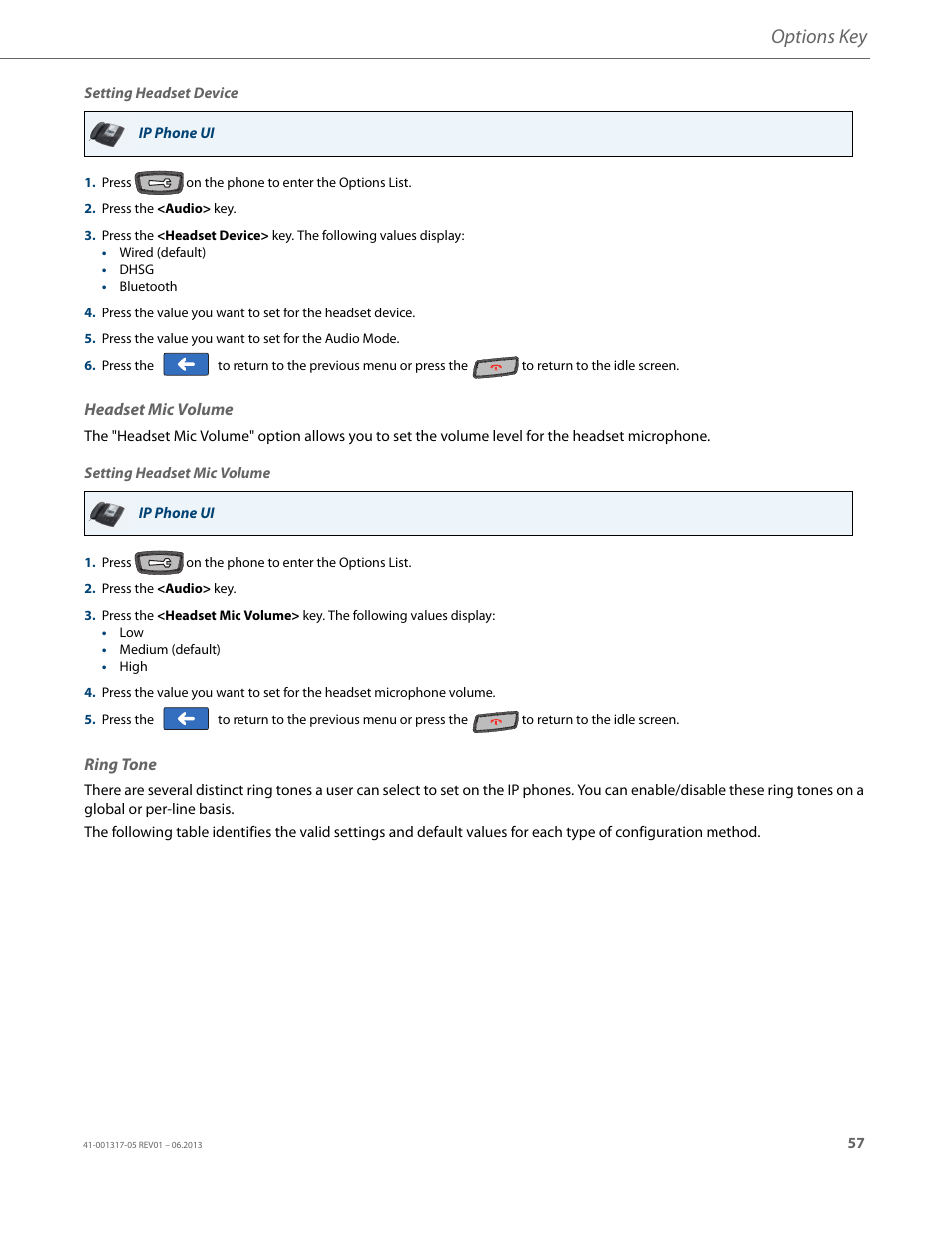 Headset mic volume, Ring tone, Options key | AASTRA 6739i User Guide EN User Manual | Page 63 / 214