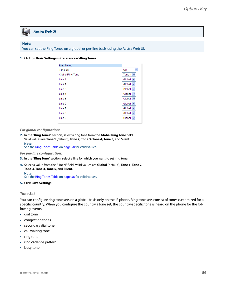 Tone set, Options key | AASTRA 6739i User Guide EN User Manual | Page 65 / 214