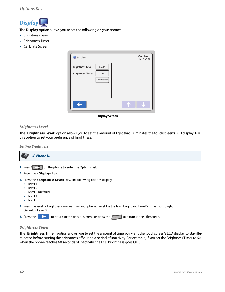 Display, Brightness level, Brightness timer | Options key | AASTRA 6739i User Guide EN User Manual | Page 68 / 214