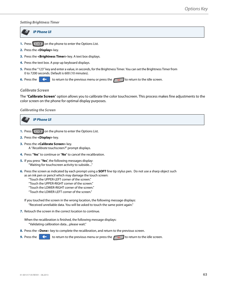 Calibrate screen, Options key | AASTRA 6739i User Guide EN User Manual | Page 69 / 214