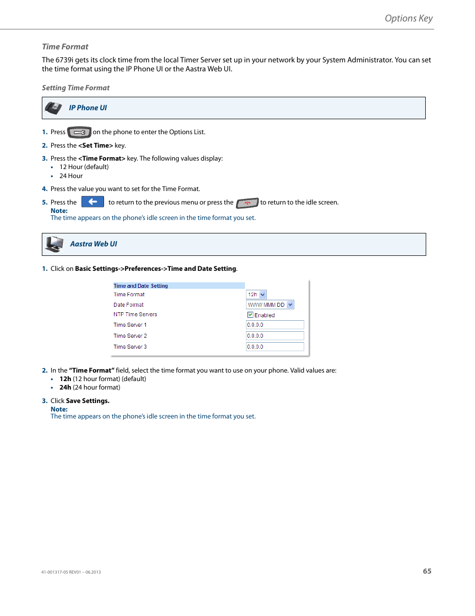 Time format, Options key | AASTRA 6739i User Guide EN User Manual | Page 71 / 214