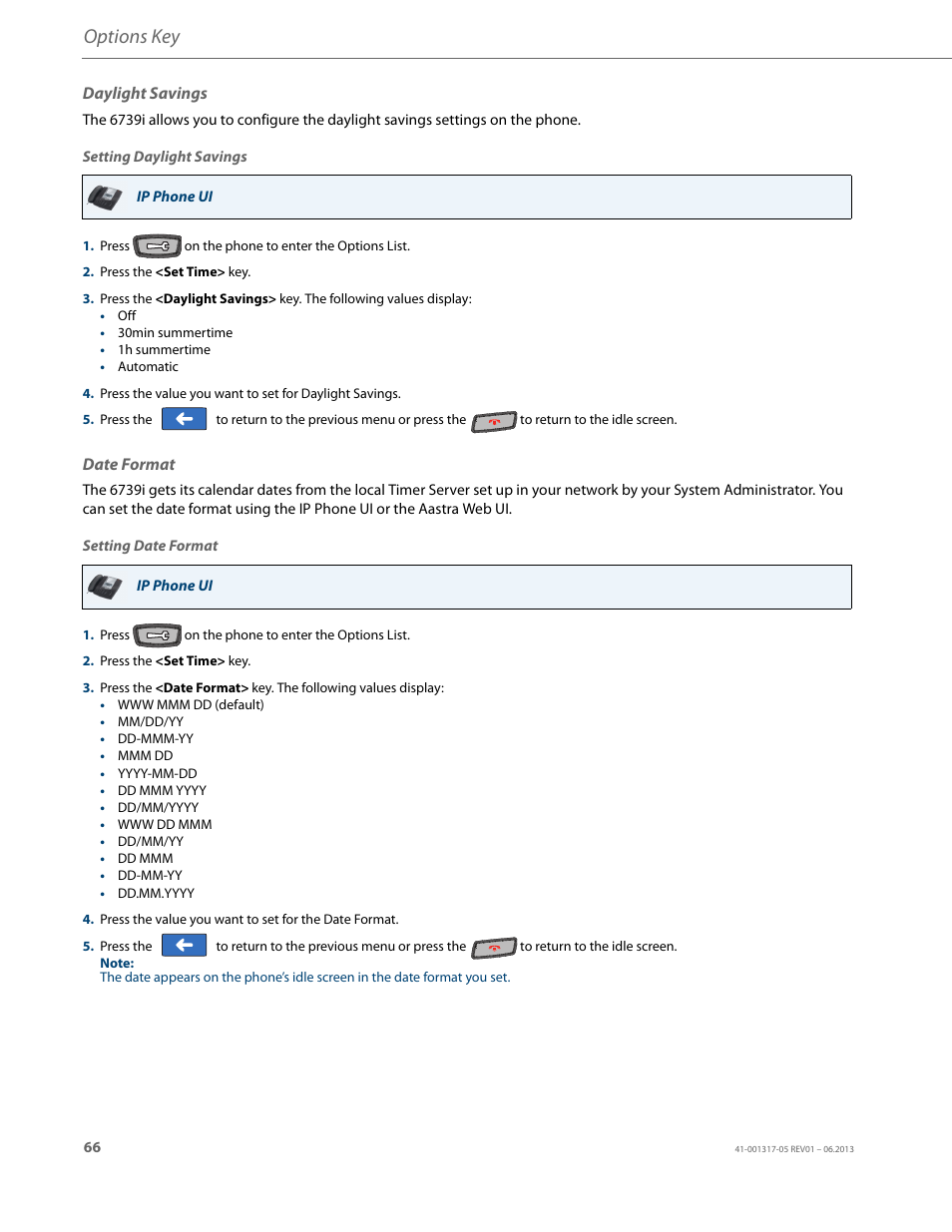 Daylight savings, Date format, Options key | AASTRA 6739i User Guide EN User Manual | Page 72 / 214